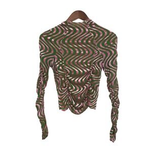Urban Outfitters Mesh Top Size‎ S Ruched Long Sleeve Pink Green Y2K Style Party